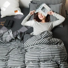 SHANGPIN Cotton Bedding Set Stripe 60 Thread Count 1.2m bed hat [quilt cover 150*200/bed hat 120*200] three-piece set