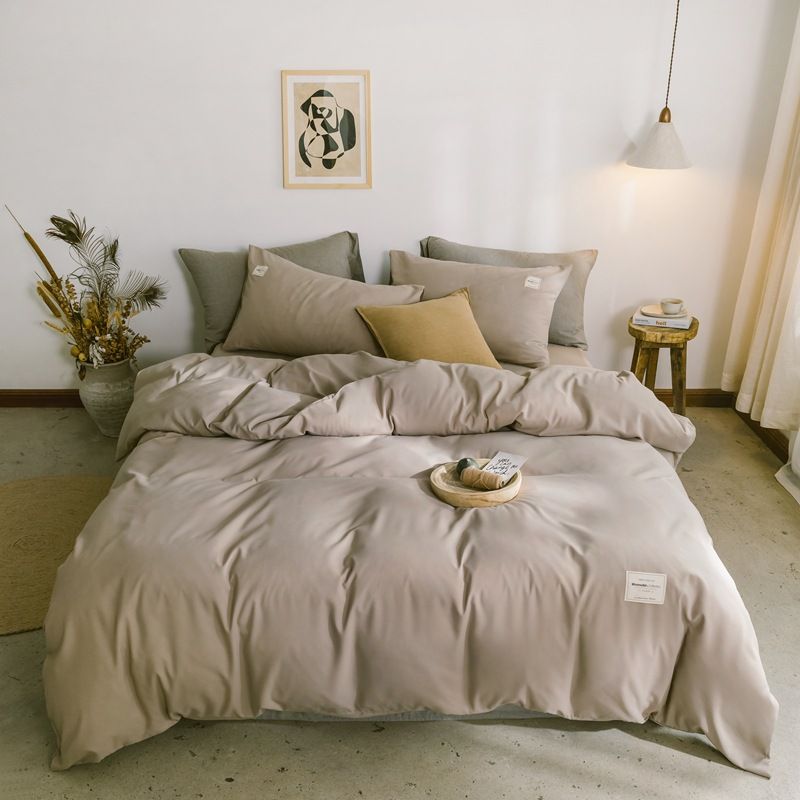 Qianjin Cotton Solid Color 4 Piece Bedding Set Khaki 0.9/1.2 m bed student three-piece quilt cover 150*200cm sheet 160*230cm 