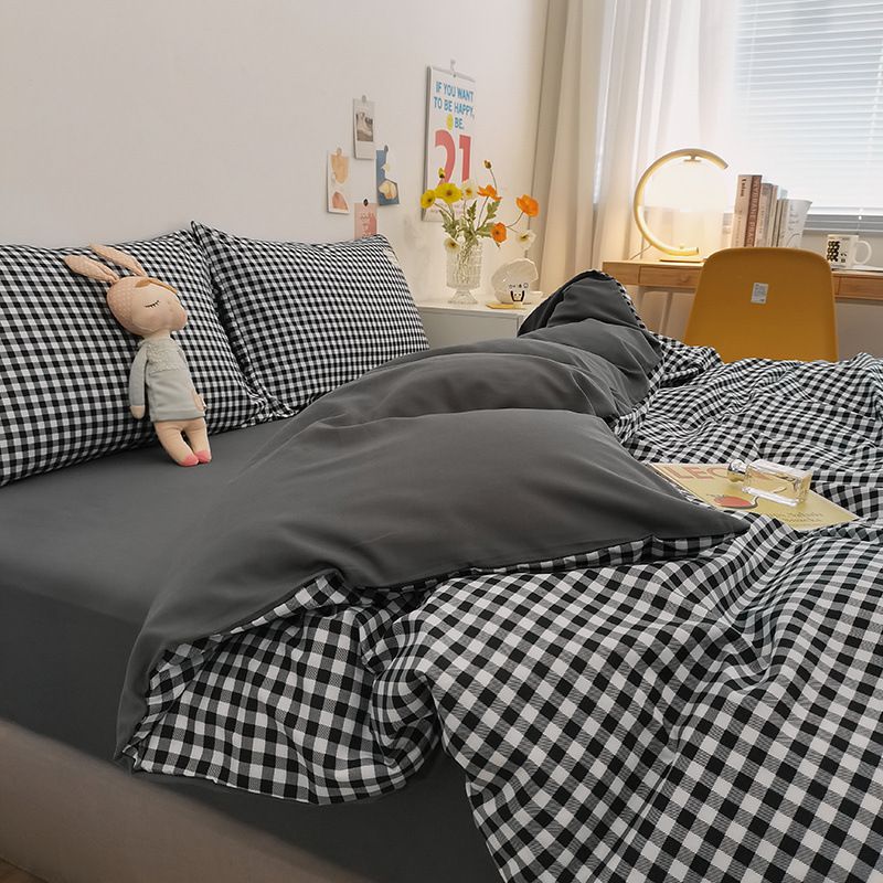 Qianjin Cotton Solid Color 4 Piece Bedding Set Black and White small grid 1.5 m bed [bed sheet set] quilt cover 150*200cm bed