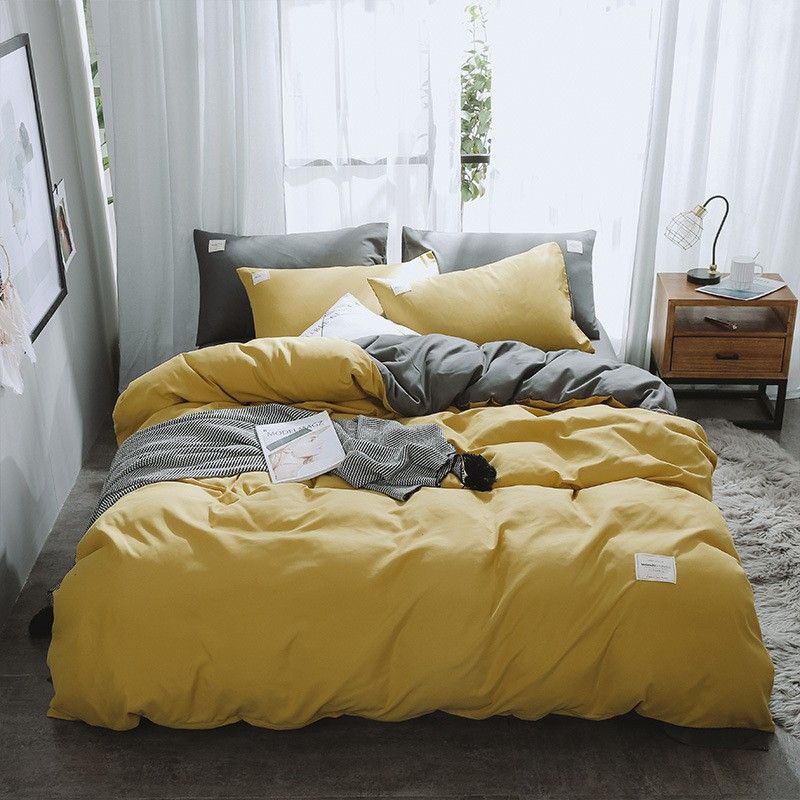 Qianjin Cotton Solid Color 4 Piece Bedding Set Turmeric + Ash 1.5 m bed [bed sheet set] quilt cover 150*200cm bed sheet 180*2
