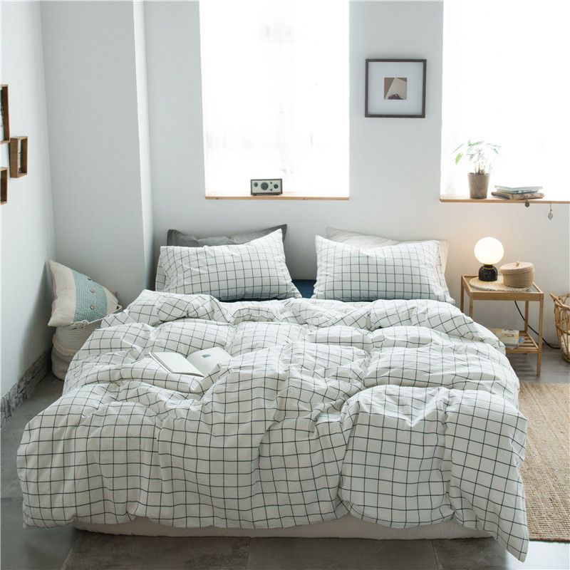 Cotton 4 Piece Set Modern Minimalist White Bed sheet kit_1.2m bed-quilt cover 150x 200 (3-piece set)