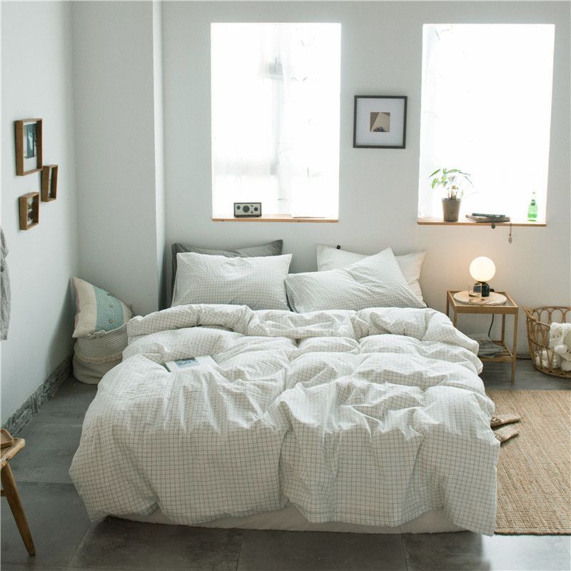 Cotton 4 Piece Set Modern Minimalist White Bed sheet kit_1.8m bed-quilt cover 200x 230cm (four-piece set)