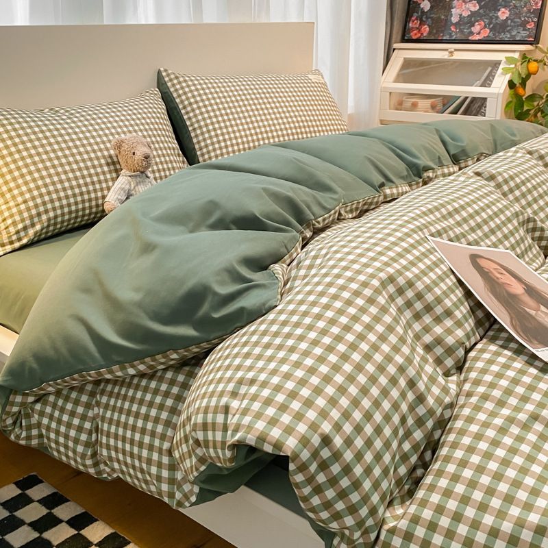 Qianjin Cotton Solid Color 4 Piece Bedding Set Grass green small grid 1.5 m bed [bed sheet set] quilt cover 150*200cm bed she