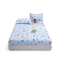 Yuan sheng Home Textiles Fitted Sheet Pure Cotton. Blue cat 193cm/203cm heightened version