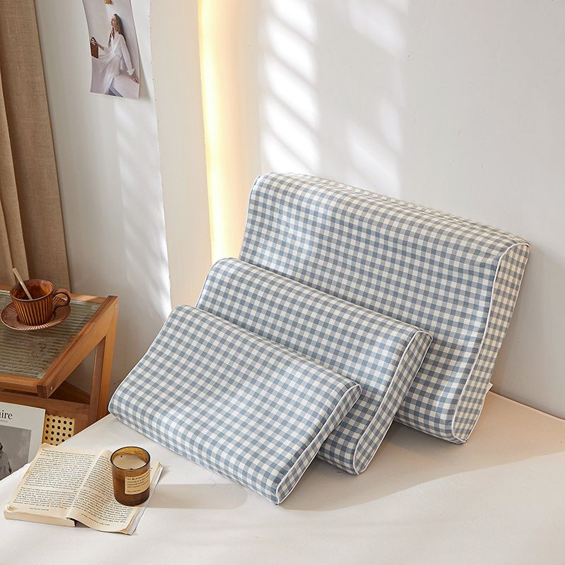 Mengxuan Cotton Pillowcase 4060 Lan three-part grid Latex cotton pillowcase 40*60 (one pair)