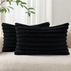 Fur Plush Lumbar Throw Pillow Covers 12x20 Set of 2, Luxury Soft Fluffy Striped Decorative Pillow Covers for Sofa, Couch, Liv