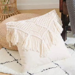 Cotton Handmade Crochet Woven Boho Throw Pillow Farmhouse Pillow Insert Included Decorative Cushion for Couch Sofa (Only incl