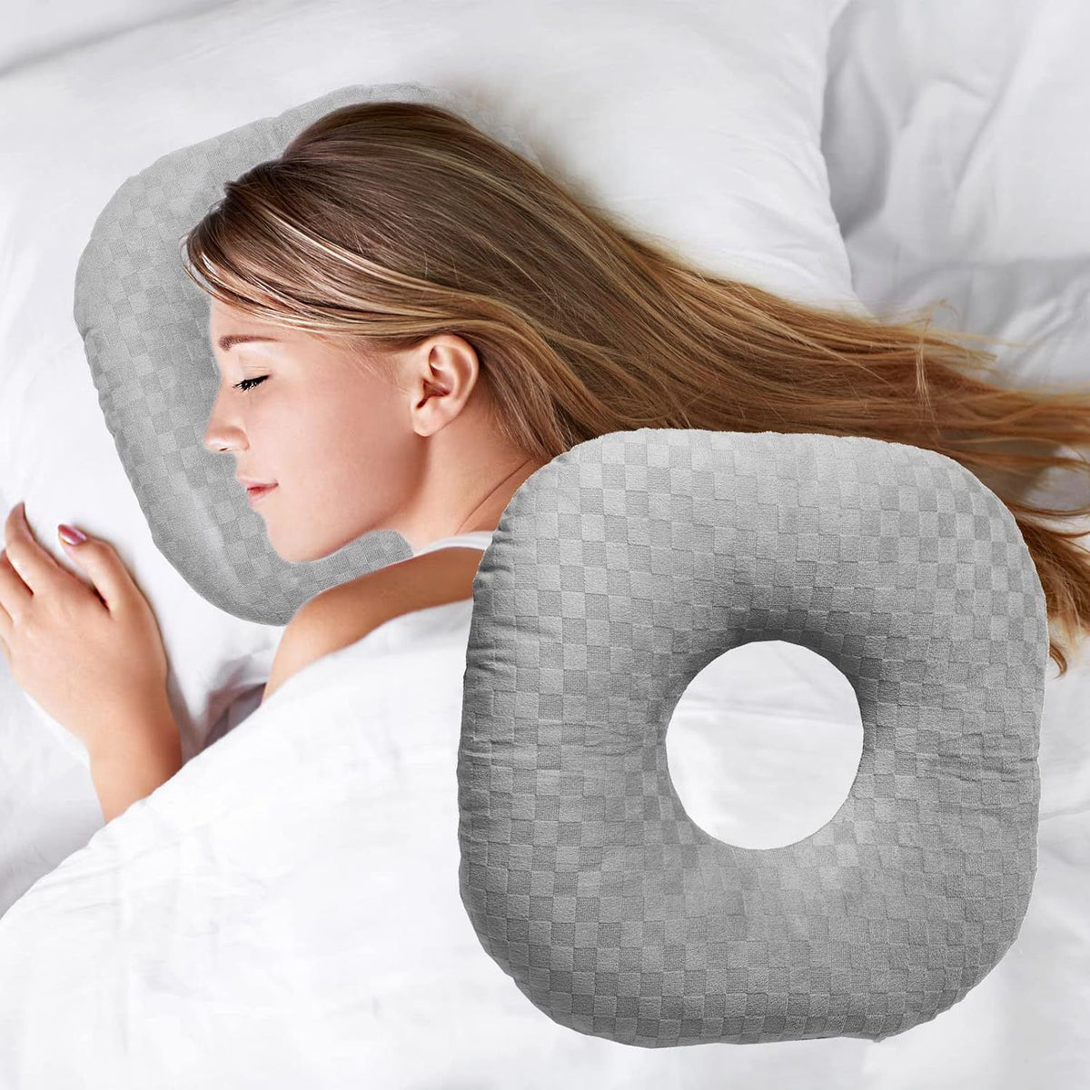 Ear Piercing Pillow for Side Sleepers, Pillow with an Ear Hole for Ear Pain Ear Inflammation Pressure Sores, O-Shaped Side Sl