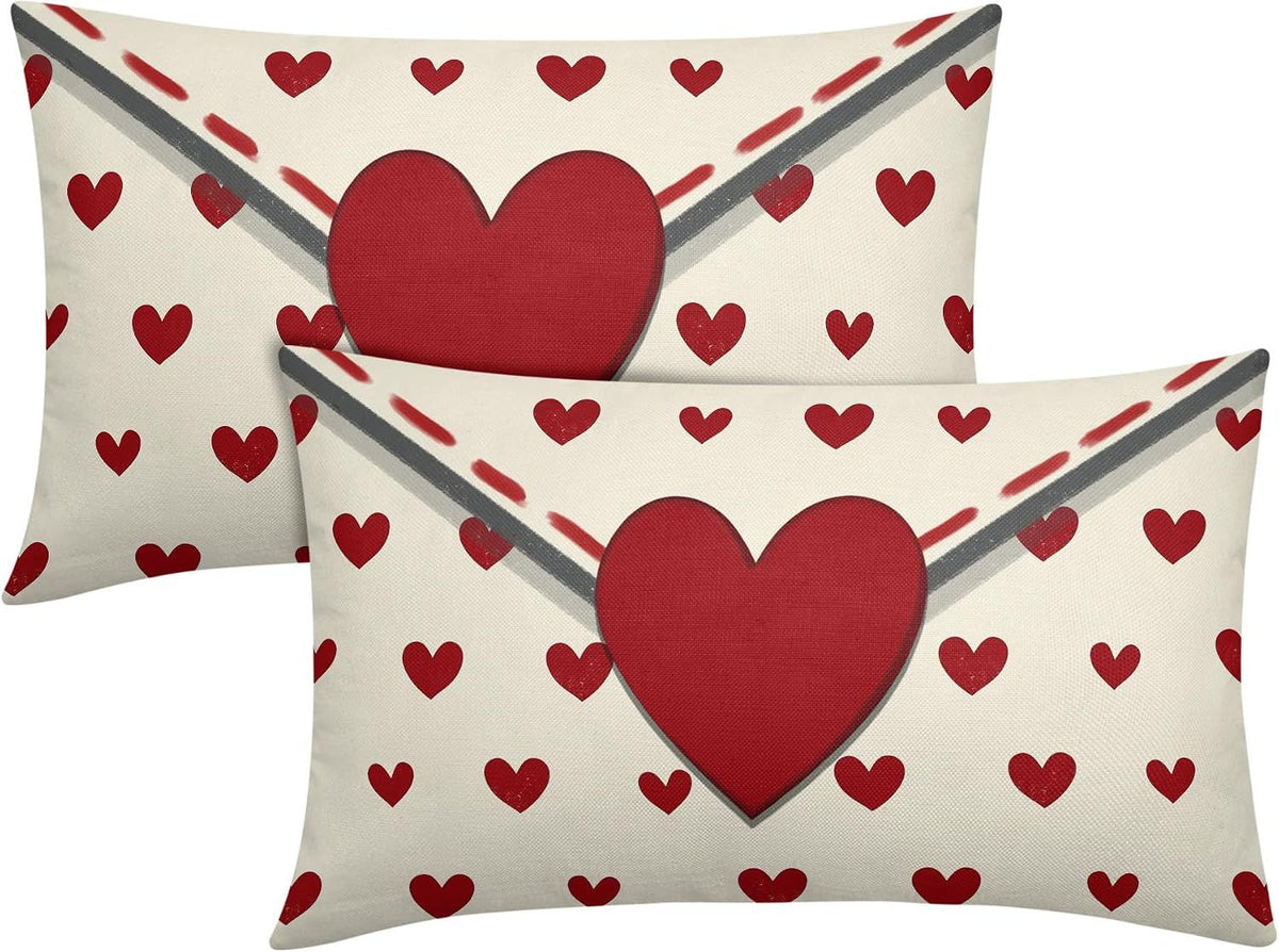 Valentines Day Lumbar Pillow Covers 12x20 Inch Set of 2 Red Heart Beige Envelope Cotton Linen Decorative Throw Pillow Case Ho