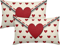 Valentines Day Lumbar Pillow Covers 12x20 Inch Set of 2 Red Heart Beige Envelope Cotton Linen Decorative Throw Pillow Case Ho