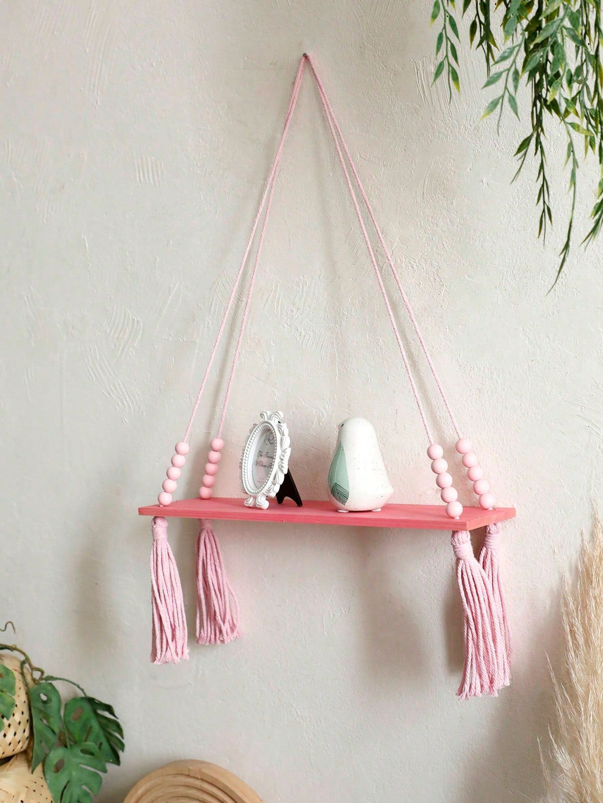 1Pcs Bohemian Pink Hanging Shelf with Tassels – Decorative Wood Wall Mounted Floating Shelf for Bedroom, Living Room, Cute Bo