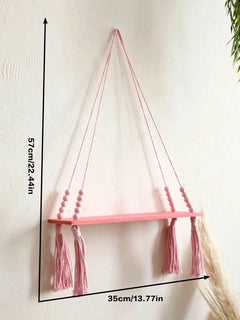1Pcs Bohemian Pink Hanging Shelf with Tassels – Decorative Wood Wall Mounted Floating Shelf for Bedroom, Living Room, Cute Bo