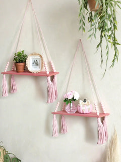 1Pcs Bohemian Pink Hanging Shelf with Tassels – Decorative Wood Wall Mounted Floating Shelf for Bedroom, Living Room, Cute Bo