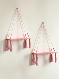 1Pcs Bohemian Pink Hanging Shelf with Tassels – Decorative Wood Wall Mounted Floating Shelf for Bedroom, Living Room, Cute Bo