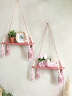 1Pcs Bohemian Pink Hanging Shelf with Tassels – Decorative Wood Wall Mounted Floating Shelf for Bedroom, Living Room, Cute Bo