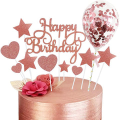 Rose Gold Happy Birthday Toppers, Glitter Star Heart Cupcake Topper with Confetti Balloon Cake Topper for Valentine's