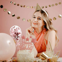 Rose Gold Happy Birthday Toppers, Glitter Star Heart Cupcake Topper with Confetti Balloon Cake Topper for Valentine's