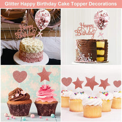 Rose Gold Happy Birthday Toppers, Glitter Star Heart Cupcake Topper with Confetti Balloon Cake Topper for Valentine's