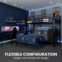 KINGSTON SLUMBER Metal Single Loft Bed And Double Underbed Frame, Multifunctional, Space Saving with Fixed Ladder, Matte Dark