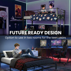 KINGSTON SLUMBER Metal Single Loft Bed And Double Underbed Frame, Multifunctional, Space Saving with Fixed Ladder, Matte Dark