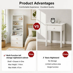 HYGGO White Nightstand Bedside Table with Drawers Minimalist Tall Bookshelf Cabinet