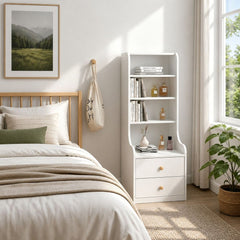 HYGGO White Nightstand Bedside Table with Drawers Minimalist Tall Bookshelf Cabinet