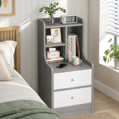 HYGGO Bedside Table Drawer Nightstand Light Gray Wood Grain White Fronts Curved Design