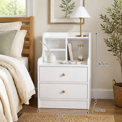 HYGGO White Nightstand Bedside Table Wooden Drawers Storage Sections Curved Sides