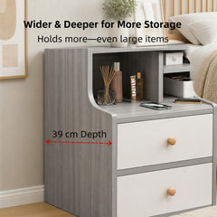 HYGGO Light Gray Bedside Table Nightstand Drawer Open Shelf Secure Storage 70cm