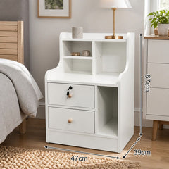 HYGGO White Nightstand Drawer Shelf Storage Tray Wooden Knob Bedside Table Minimalist