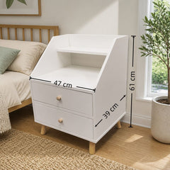 Warm White Bedside Table Nightstand Wooden Legs Two Drawers Open Storage