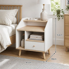 HYGGO Bedside Table Drawer Nightstand Wooden Legs Open Shelves Side Compartment White