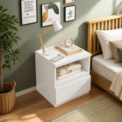 HYGGO Bedside Table Drawer Nightstand Warm White Open Storage Compact 47cm Modern