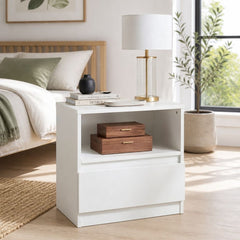 HYGGO Bedside Table Drawer Nightstand Warm White Open Storage Compact 47cm Modern