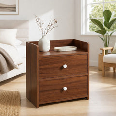 HYGGO Bedside Table Nightstand Walnut Wood Grain Double Drawer Tray Top White Handles
