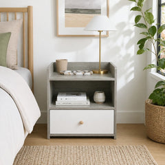 HYGGO Bedside Table Drawer Nightstand Light Gray Wood Grain Storage Tray White 48cm