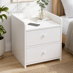 HYGGO White Minimalist Nightstand Double Drawer Bedside Table Wooden Handles Tray