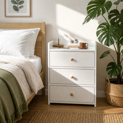 HYGGO White Minimalist Nightstand Bedside Table Triple Drawer Wooden Handles Tray