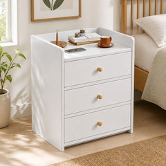 HYGGO White Minimalist Nightstand Bedside Table Triple Drawer Wooden Handles Tray