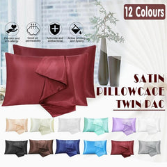 2 Pack Satin Pillowcases Luxury Soft Cushion Covers Bedroom Home Decor - Light Blue