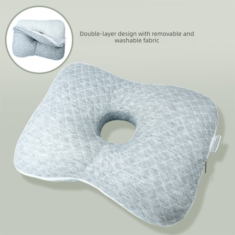 Grey Ergonomic Ear Pillow with Hole for Side Sleepers - Pressure Relief Cushion for Ear Pain, Piercings & CNH - Washable Cove