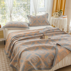 Grey and Orange Cotton Three-Layer Gauze Bed Cover Set - Reversible Vintage Printed Blanket with Two Pillowcases for Year-Rou