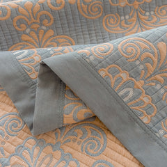 Grey and Orange Cotton Three-Layer Gauze Bed Cover Set - Reversible Vintage Printed Blanket with Two Pillowcases for Year-Rou