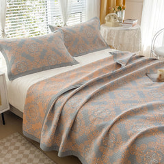 Grey and Orange Cotton Three-Layer Gauze Bed Cover Set - Reversible Vintage Printed Blanket with Two Pillowcases for Year-Rou