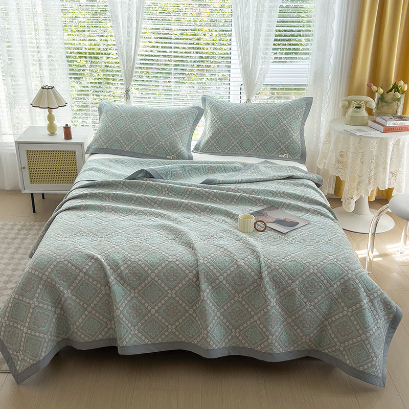 Grey and Green Cotton Three-Layer Gauze Bed Cover Set - Reversible Vintage Printed Blanket with Two Pillowcases for Year-Roun