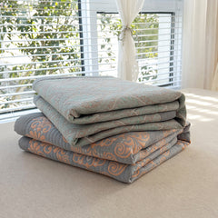 Grey and Green Cotton Three-Layer Gauze Bed Cover Set - Reversible Vintage Printed Blanket with Two Pillowcases for Year-Roun