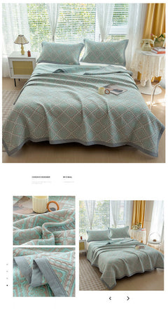 Grey and Green Cotton Three-Layer Gauze Bed Cover Set - Reversible Vintage Printed Blanket with Two Pillowcases for Year-Roun