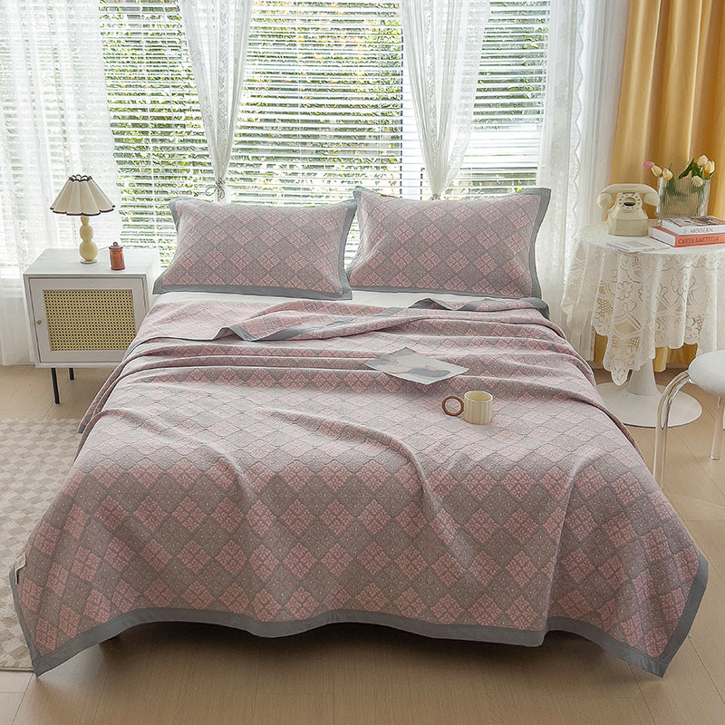 Grey and Pink Cotton Three-Layer Gauze Bed Cover Set - Reversible Vintage Printed Blanket with Two Pillowcases for Year-Round