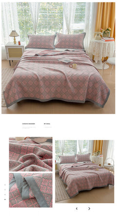Grey and Pink Cotton Three-Layer Gauze Bed Cover Set - Reversible Vintage Printed Blanket with Two Pillowcases for Year-Round