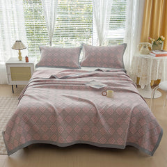 Grey and Pink Cotton Three-Layer Gauze Bed Cover Set - Reversible Vintage Printed Blanket with Two Pillowcases for Year-Round